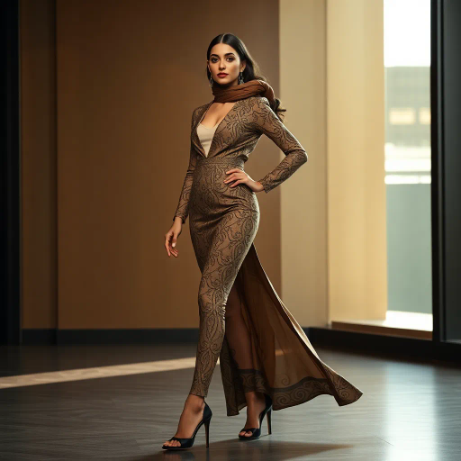 elegant Arab woman, professional setting, high heels, Yves Saint Laurent inspiration, modern elegance, chiaroscuro lighting, sleek silhouettes, warm earth tones, luxurious textures, feminine power, Middle Eastern influences, office environment, refined grace, dynamic posture, cultural richness, intricate patterns, contemporary fashion, confident aura, subtle movement, harmonious balance, artistic refinement