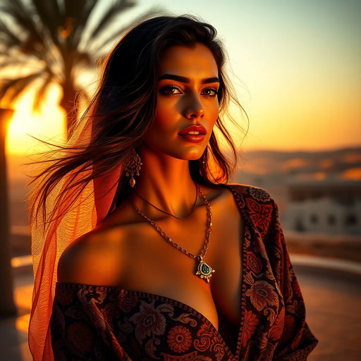 Arab beauty, modern elegance, desert oasis, golden hour lighting, Henri Matisse, Yves Saint Laurent, vibrant colors, intricate patterns, delicate textures, sun-kissed skin, exotic allure, cultural richness, flowing lines, sensual movement, warm tones, harmonious composition, romantic ambiance, visual poetry, timeless grace, captivating allure, seductive composition, ethereal mood, desert mirage, artistic flair, Arabic cultural motifs, expressive body language, chiaroscuro lighting, sleek silhouettes, luxurious textures, feminine power, refined grace, Vermeer-inspired, contemporary realism, poised demeanor, artistic serenity, dynamic perspective