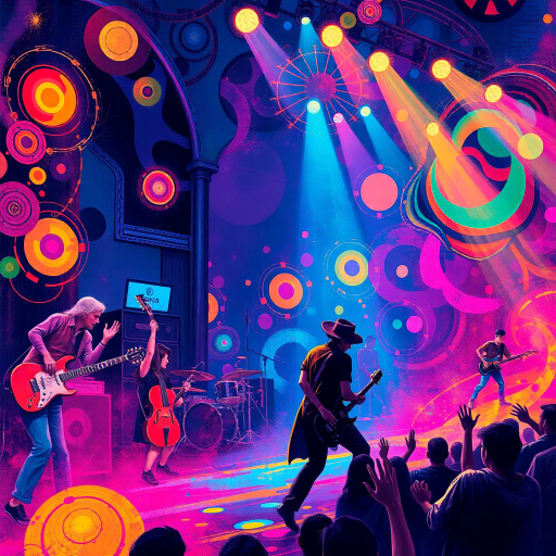 dynamic orchestration, vibrant energy, neon lights, surrealism, Kandinsky-inspired, rhythmic movement, abstract forms, electric guitar, elaborate stage design, pulsating colors, modern Impressionism, intense expressions, musical immersion, urban culture, dynamic composition, immersive lighting, cultural fusion, ecstatic atmosphere, energetic crowd, amplified soundwaves