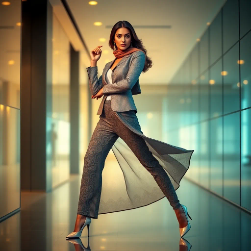 Arab lady, hijab, professional setting, elegance, modern workplace, high heels, grace, long legs, contemporary fashion, vibrant colors, Henri Matisse, impressionistic lighting, cultural fusion, confident composition, smooth textures, chic office attire, dynamic pose, minimalistic design, elegance, bustling office, refined aesthetics, empowerment, subtle sophistication, urban environment, creative space, harmony in diversity, timeless beauty, lateral perspective, graceful movement, cross-cultural artistry, sleek lines