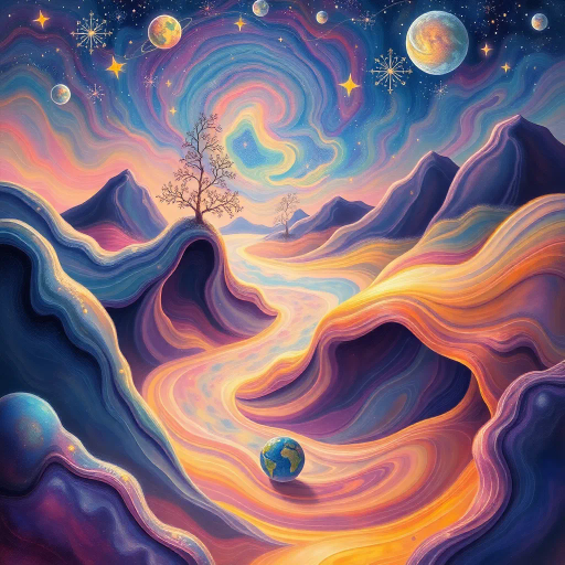 ethereal dreams, surreal landscape, vibrant colors, flowing textures, magical realism, soft lighting, Salvador Dali influences, tranquility, dreamscape, starry night, whimsical elements, peaceful slumber, abstract shapes, gentle curves, serene mood, imaginative world, lucid dreaming, otherworldly atmosphere, intricate details, harmonious balance