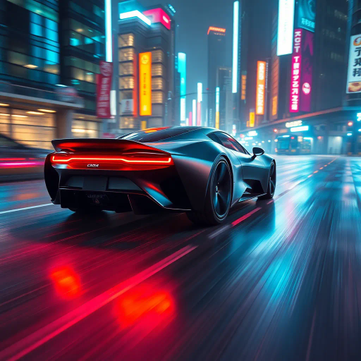 sleek futuristic car, neon lights, matte finish, cyberpunk cityscape, dynamic composition, vibrant colors, atmospheric lighting, speed and motion, 21st-century innovation, reflective surfaces, metallic textures, urban landscape, technological advancements, aerodynamic design, perspective distortion, cinematic framing, kinetic energy, movement and flow, modernism, urban exploration, imaginative transportation