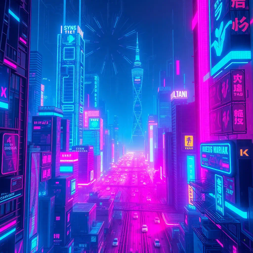 futuristic metropolis skyline, vibrant neon lights, cyberpunk aesthetic, intricate details, reflective surfaces, vivid color palette, dynamic composition, high contrast, atmospheric depth, glitch effects, electric blue and magenta hues, bustling cityscape, digital realms, synthwave vibes, technological innovation, abstract forms, immersive experience, visionary landscapes, sci-fi elements