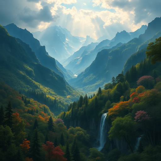 expansive landscapes, majestic mountains, serene forests, vibrant flora, lush valleys, cascading waterfalls, panoramic views, ethereal lighting, atmospheric perspective, rich textures, dramatic sky, natural beauty, serene tranquility, breathtaking vistas, intricate details, inspired by Caspar David Friedrich, impressionistic brushwork, harmonious colors, idyllic scenes, grand scale, immersive atmosphere, romanticism, sublime nature, whimsical elements, vivid hues, luminescent glow, dreamlike surroundings, enchanting environments, layered compositions