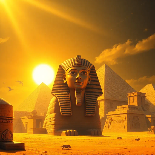 ancient Egypt, mysticism, pharaohs, intricate hieroglyphs, pyramids, desert symbolism, vivid ochre hues, alabaster textures, golden sunlight, timeless allure, antiquity, Howard Carter influences, spiritual resonance, Nile River motifs, ethereal glow, hierarchies, tomb artistry, enigmatic smile, sandstorm movement, papyrus scrolls, cultural heritage, sandstone structures, celestial alignment, art deco echoes, esoteric knowledge, exotic flora, mythological creatures, architectural grandeur, eternal legacy, transformative power, historic reverence