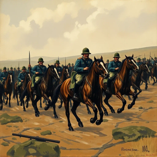 World War I cavalry, dynamic composition, dramatic lighting, muted earth tones, impressionistic influences, historic accuracy, detailed horses and riders, military uniforms of the era, sweeping battle landscapes, atmospheric perspective, tension and movement, Ernest Ludwig Kirchner, early 20th century, war-torn backdrop, emotional intensity, flowing lines, textured brushwork, cultural significance, heroism and sacrifice, historical narrative, complex compositions, artistic storytelling