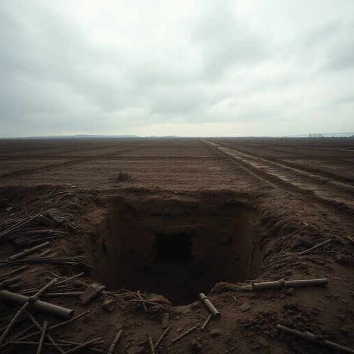 World War I, war-torn landscape, desolate battlefield, muddy terrain, shell hole, barren wasteland, historical context, trench warfare, somber mood, evocative scene, Remembrance, muted earth tones, texture of mud and debris, atmospheric depth, overcast skies, Goya influence, sense of aftermath, haunting emptiness, distant horizon, surreal ambiance, emotion of loss, nostalgia, decay, disarray, raw and visceral, chaos and silence, historical reflection, shadows and highlights, nuanced details, war art, intense realism