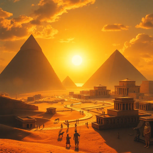 ancient Egypt, mystical landscapes, towering pyramids, sunlit desert sands, Jean-Léon Gérôme, hieroglyphic patterns, golden hour lighting, pharaohs and deities, intricate stone carvings, lush Nile River, mythical creatures, spiritual aura, flowing robes, Nefertiti-inspired elegance, grand temples, vibrant ochre and turquoise, historic depth, time-worn textures, symbolic resonance, sacred ritual, atmospheric depth, mysterious allure, ethereal glow, timeless culture, ornate jewelry, celestial constellations, epic scale