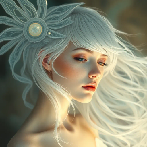 ethereal woman, medium white hair, serene expression, James Jean, Art Nouveau, soft pastels, dramatic lighting, intricate patterns, flowing lines, mystical aura, delicate textures, luminous glow, modern elegance, serene composition, fantasy elements, gentle wind, dreamlike atmosphere, contemporary realism, blurred background, subtle hues, emotional depth