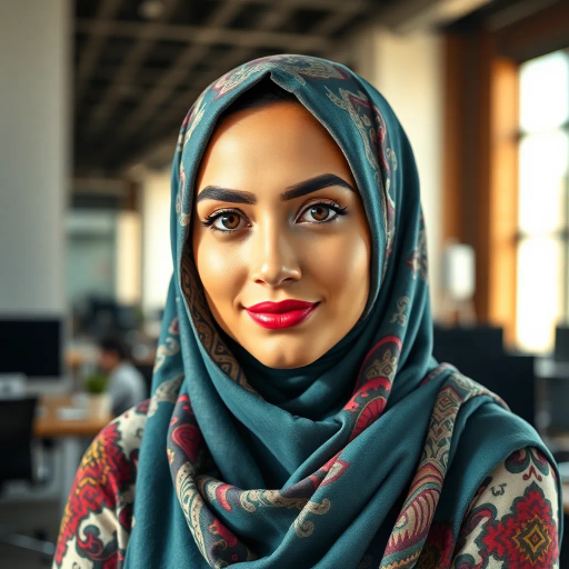 Arab woman, hijab, modern workplace, vibrant colors, intricate patterns, Middle Eastern art, contemporary design, focused expression, harmonious balance, cultural richness, office environment, sunlight illumination, expressive brushstrokes, detailed textures, empowering presence, dynamic composition, calligraphy influence, abstract elements, symmetry, warm tones, high contrast, artistic flair, creative aura, delicate fabric textures, cross-cultural influence