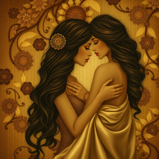 sensual expressionism, Gustav Klimt influence, Art Nouveau flourishes, warm sepia tones, intimate vignette, soft light caress, luxurious textures, flowing satin, romantic allure, dreamlike ambiance, ethereal forms, intricate patterns, delicate line work, intimate scale, passionate intensity, ornate embellishments, cultural tapestry, emotive gaze, gilded accents, opulent tapestry, whispering hues, evocative moment