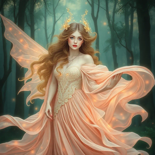 ethereal maiden, delicate features, reminiscent of Alphonse Mucha, Art Nouveau, flowing gowns, surreal ambiance, dreamlike setting, mystical forest backdrop, soft pastels, luminescent glow, intricate details, magical aura, gentle movement, Renaissance influences, serene expression, whimsical elements, rich textures, poetic essence, imaginary realm, lyrical beauty, ethereal elegance, fantastical vision, otherworldly charm, imaginative portrayal, harmony, fluid lines, ornate motifs, transcendental forest