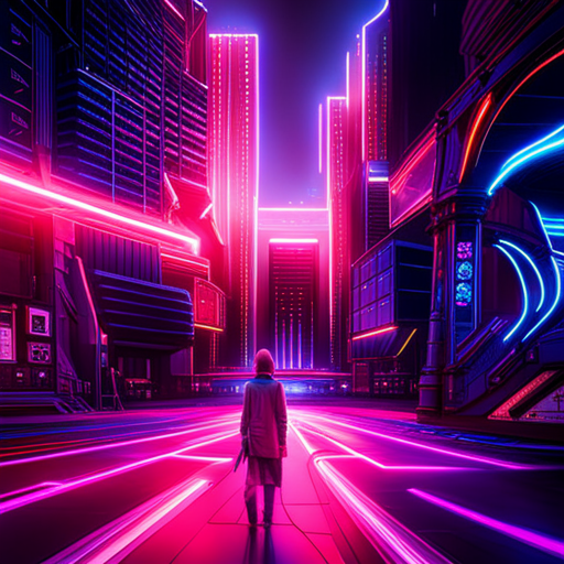 endless virtual neon arcade, retro-futuristic circuitry, vibrant and electric sparks, generative animated game worlds, glitchy pixelated landscapes, cyberpunk characters exploring new realms, neon lights reflecting off reflective surfaces, dynamic movement and energy, dystopian neon cityscapes, pulsating digital dreams