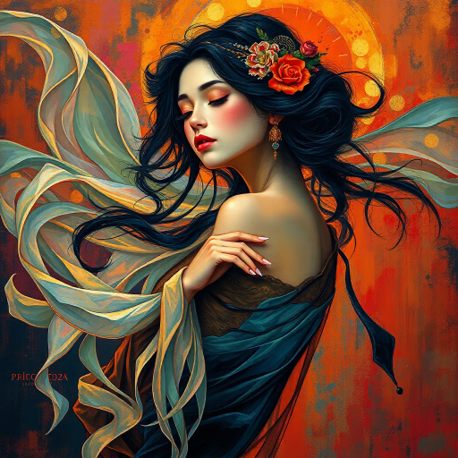 ethereal elegance, vivid colors, chiaroscuro lighting, inspired by Gustav Klimt, contemporary surrealism, intricate textures, flowing fabrics, dynamic composition, serene expression, symbolism in posture, modern renaissance influence, soft gradients, vibrant background, expressive brushwork, intimate portraiture, dreamlike atmosphere, cultural fusion, delicate line work, whimsical details, harmonious balance, abstract geometry, emotional depth, contemplative gaze, fluid motion