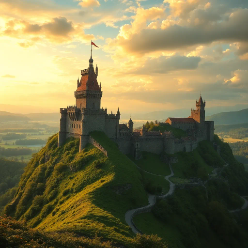 medieval, hilltop city, golden hour, castle towers, lush greenery, winding paths, J.R.R. Tolkien influences, dramatic skies, Claude Monet, rich textures, harmonious composition, vibrant colors, panoramic vista, mythical elements, atmospheric perspective, Renaissance aesthetics, pastoral scene, enchanting landscape, elevated view, mystical atmosphere, intricate details