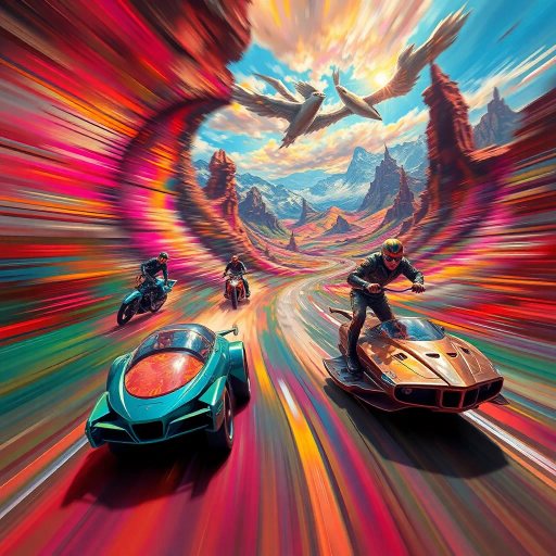 thrilling journey, dynamic composition, vibrant colors, impressionist influence, Claude Monet, motion blur, modern twist, surreal landscapes, energetic brushstrokes, light and shadow interplay, adventure essence, whimsical spirit, futuristic elements, diverse textures, atmospheric perspective, emotional depth, cultural inspiration, immersive experience, expansive scenery, visual narrative, exploration theme