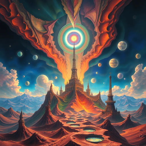 visionary grandeur, imaginative worlds, Salvador Dalí, surrealism, ethereal landscapes, ambient glow, imaginative geometry, vibrant spectrum, meticulously crafted, dreamlike structures, transcendent illusions, otherworldly environment, fantasy elements, fluid dynamics, timeless essence, emotional depth, celestial realms, immersive vista, surreal colors, intricate patterns