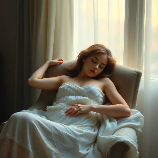 tranquil scene, woman, sleeping, seated on chair, delicate posture, soft ambient light, serene expression, gentle repose, impressionist touch, pastel colors, dreamlike atmosphere, elegant curves, calming mood, ethereal glow, romanticism, calm tranquility, subtle shadows, relaxed muscles, atmospheric depth, peaceful dreamscape, soothing composition, reposed stillness, intimate setting, classical influence, fine details, harmonious balance, reflective bliss, soothing aura, artistic expression, Claude Monet, soft brushstrokes, tender moments, warm palette, enveloping serenity, lush textures