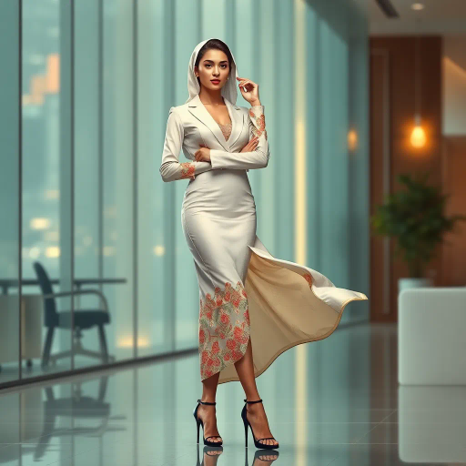 elegant Arab woman, professional attire, hijab, modern workplace, high heels, contrasting cultural fusion, vibrant Middle Eastern influences, contemporary art style, dynamic composition, intricate patterns, vibrant color palette, soft ambient lighting, dynamic posing, cultural expression, delicate textiles, confident and empowering presence, grace, poise, diverse representation, fusion of modern and traditional elements, Impressionism influences, human form depiction, advanced digital techniques, refined textures, bold symbolism, artistic influences, balance, harmony, surreal lighting, empowered femininity, Gustav Klimt inspiration, Art Nouveau elegance, intricate detailing, cultural narrative, sophisticated sophistication, modernism, representation and empowerment