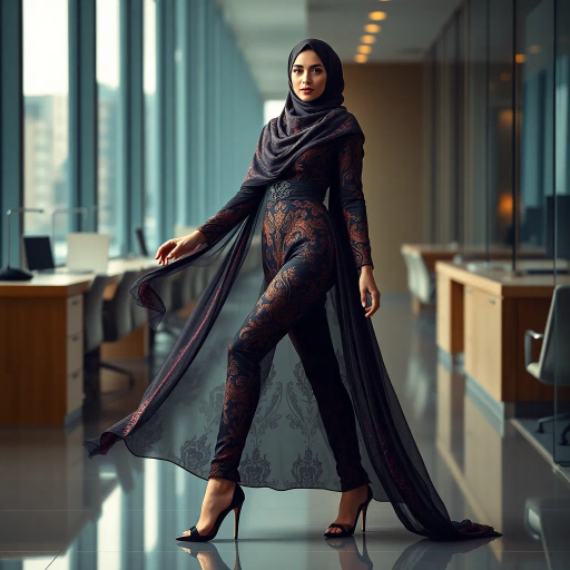 elegant Arab woman, professional attire, hijab, modern workplace, high heels, contrasting cultural fusion, vibrant Middle Eastern influences, contemporary art style, dynamic composition, intricate patterns, vibrant color palette, soft ambient lighting, dynamic posing, cultural expression, delicate textiles, confident and empowering presence, grace, poise, diverse representation, fusion of modern and traditional elements, Impressionism influences, human form depiction, advanced digital techniques, refined textures, bold symbolism, artistic influences, balance, harmony, surreal lighting, empowered femininity, Gustav Klimt inspiration, Art Nouveau elegance, intricate detailing, cultural narrative, sophisticated sophistication, modernism, representation and empowerment