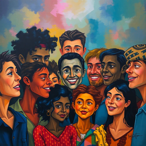 diverse individuals, human connection, vibrant colors, dynamic lighting, unified composition, emotional expressions, multicultural diversity, contemporary style, atmospheric depiction, expressive brushwork, intimate perspective, symbolic representation, harmonious balance, detailed textures, ethereal glow, modern society, artistic intent, social interaction, shared experiences, abstract backgrounds, community essence, rich tapestry, forward-looking