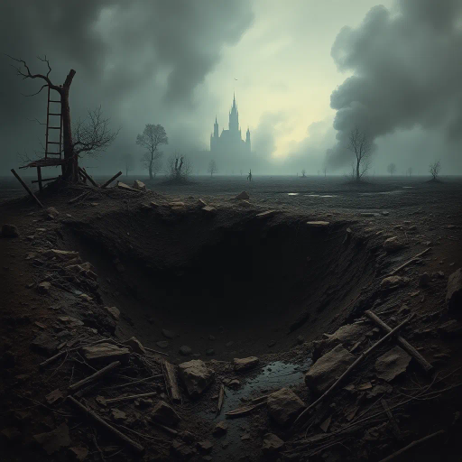 WW1 shell hole, haunting landscape, ruinous earth, trench war remnants, muddy textures, smoke-infused skies, somber atmosphere, historical echoes, dramatic chiaroscuro, war-torn memories, intricate details, Ernst Ludwig Kirchner influence, expressionist undertones, desolate expanse, juxtaposition of life and decay, symbolism of conflict, muted earth tones, organic compositions, narrative storytelling, ethereal light, ominous horizon, atmospheric perspective, reflective surfaces, cultural memory, evocative emotional depth, haunting surrealism, ghostly silhouettes, echoing silence, spectral whispers, dreamlike vision, distorted reality, emotional resonance, timeless turmoil, anguished reflections, symbolic shadows
