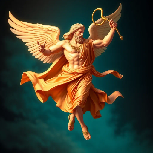 Hermes greek god, mythology, swift messenger, winged sandals, divine herald, art nouveau, classical antiquity, vibrant colors, ethereal lighting, dynamic movement, elegant composition, Hermes’ caduceus, golden accents, flowing robes, Renaissance influence, detailed anatomy, mythological symbolism, grandeur, celestial ambiance, cultural mythology, expressive gestures, dramatic pose, sense of speed, ancient Greece, storytelling, polished surfaces, intricate details, visual storytelling, timeless icon