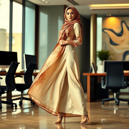 Arab woman, elegant hijab, professional setting, modern workplace, high heels, Middle Eastern culture, contemporary art, intricate patterns, vibrant colors, soft lighting, dynamic pose, cultural expression, delicate fabrics, office environment, confident demeanor, sophisticated fashion, grace and poise, diverse representation, cultural fusion, empowerment, modernism, Impressionism influences, human form, balance and harmony, Jean-Michel Basquiat inspiration, vibrant brushstrokes, Henri Matisse color palette, delicate textures, fluid movement, artistic elegance, cultural symbolism, refined composition, elegance and sophistication, bold patterns