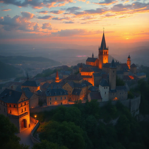 medieval cityscape, glowing twilight, perched on hilltop, vibrant colors, Claude Lorrain influence, golden hour lighting, ethereal atmosphere, lush landscapes, towering spires, intricate architecture, cobblestone streets, panoramic views, sweeping vistas, rich texture, romanticism, detailed engravings, enchanting aura, timeless beauty, serene ambiance, historical roots, narrative storytelling, mystical realm, elevated perspective, imaginative vision, enchanting vista, opulent palettes, vivid storytelling, delicate brushwork, poetic composition, dynamic horizons, harmonious blend, immersive depth