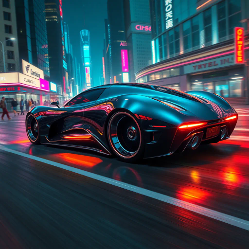 futuristic car design, H.R. Giger, sleek aerodynamics, cybernetic, neon lighting, vibrant hues, dynamic motion, digital painting, high gloss finish, dystopian city, night scene, chrome reflections, smooth curves, kinetic energy, dramatic angle, urban landscape, science fiction, enhanced reality, modern aesthetics, cultural fusion, conceptual innovation
