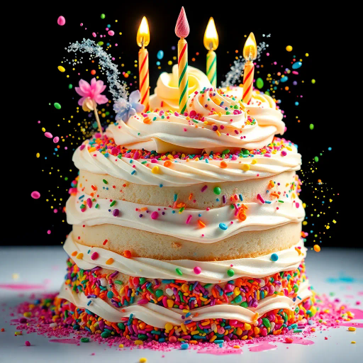 vivid birthday cake, intricate details, vibrant colors, surrealism, whimsical, dream-like, fantastical elements, splashes of paint, soft glow, celebratory mood, contemporary, dynamic composition, pastel hues, icing texture, multicolored sprinkles, playful elements, multi-layered structure, high contrast, delicate frosting, creative presentation, joyful ambiance, artistic flair, imaginative design, cake artistry, festive atmosphere, artistic fusion, enchantment, joyous celebration, ethereal lighting, imaginative festivity, visual poetry, whimsical artistry, rainbow color palette, magical realism, detailed confectionery, floating elements, fantasy inspired