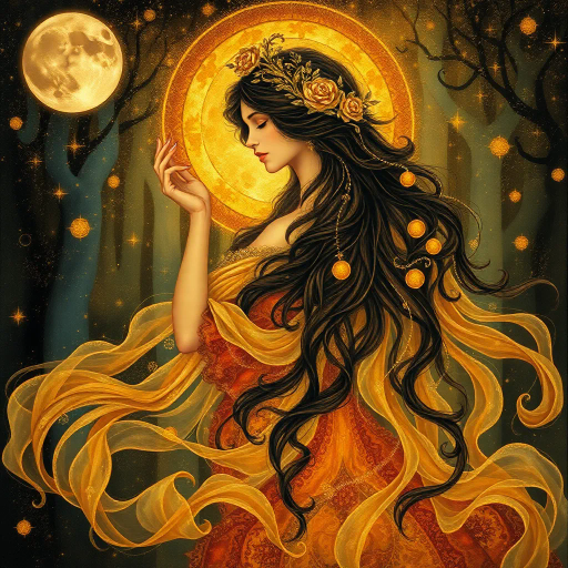 enchanting maiden, ethereal beauty, ethereal glow, Gustav Klimt, surrealism, baroque influences, warm tones, fluid lines, dreamlike atmosphere, intricate patterns, shimmering textures, divine feminine, soft focus, mythological essence, Renaissance elegance, delicate brushstrokes, vivid imagination, whimsical aura, otherworldly presence, mystical forest, moonlit ambiance, romanticism, layered compositions, celestial motifs