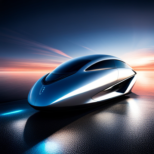 futuristic design, high-tech sci-fi, AI-controlled vehicle, carbon-fiber components, asymmetrical shapes, holographic accents, neon lighting, levitation, dynamic movement, chrome plating, jet-inspired, transparency, modularity, fast speed
