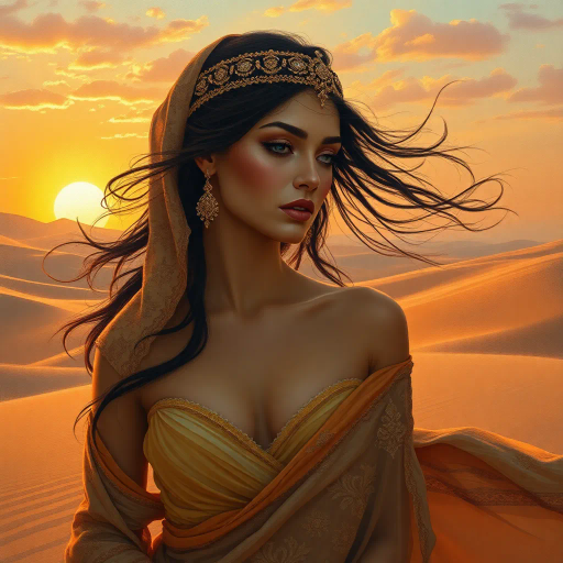 sensual elegance, Arab beauty, goddess-like figure, Michelangelo-inspired curves, vibrant desert sunset, intricate henna patterns, soft golden hues, gentle wind swirling, exotic fabrics, harmonious balance, Impressionist brushstrokes, soft shadows, desert oasis backdrop, alluring mystery, Claude Monet's ethereal glow, flowing movement, intricate tapestry, emotional depth, renaissance ideals, warm earthy tones, captivating charm, delicate yet powerful presence, timeless allure, vibrant cultural essence, subtly surreal, captivating silhouette, perpetual allure, emotive storytelling