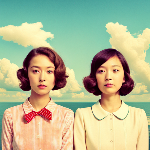 quirky, pastel colors, retro, symmetrical, whimsical, vintage camera, complex framing, whimsical, melancholy, futuristic, AI, love story