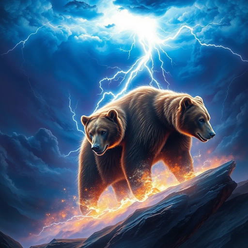 majestic bear, engulfed by a dramatic lightning strike, ethereal glow, vibrant energy, dynamic motion, Rembrandt lighting, surreal landscape, rich blues and purples, swirling clouds, thunderous atmosphere, mythical essence, powerful stance, mystical symbols, high contrast, intense focus, chiaroscuro, dreamscape setting, atmospheric depth, baroque influences, sweeping lines, visual symphony, elemental fury, tension and release, epic scale
