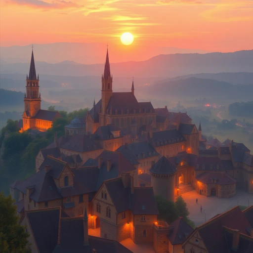 medieval cityscape, glowing twilight, perched on hilltop, vibrant colors, Claude Lorrain influence, golden hour lighting, ethereal atmosphere, lush landscapes, towering spires, intricate architecture, cobblestone streets, panoramic views, sweeping vistas, rich texture, romanticism, detailed engravings, enchanting aura, timeless beauty, serene ambiance, historical roots, narrative storytelling, mystical realm, elevated perspective, imaginative vision, dreamlike setting, magical realism, atmospheric haze, visual poetry, harmonious balance, artistic expression, visionary landscape, fantasy essence, enchanting visuals, Claude Monet inspiration, Baroque influence, tapestry of color, luminous glow, enchanting spell, whimsical charm, historical narrative, romantic era, pastel hues, soft shadows