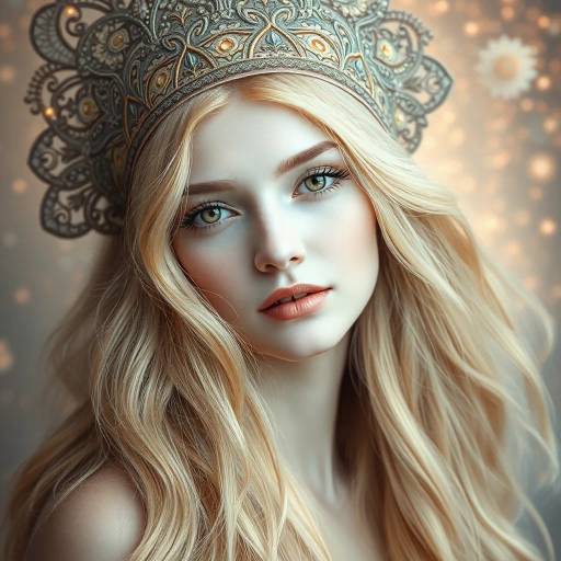 ethereal goddess, cascading golden hair, Art Nouveau influence, soft pastel hues, luminous glow, delicate textures, intricate filigree, serene expression, Klimt-inspired patterns, ornate headdress, celestial ambiance, gentle flowing lines, timeless elegance, dreamlike atmosphere, graceful poise, mesmerizing gaze, romantic era, soft focus, spiritual essence, detailed ornamentation, harmonious balance, light and shadow play, cosmic serenity, otherworldly beauty