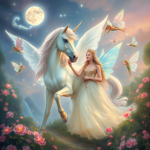 mythical unicorn, enchanting fairies, regal princess, ethereal glow, soft pastels, dreamlike landscape, intricate detail, romanticism, whimsical essence, magical realism, baroque influences, delicate brushstrokes, shimmering textures, enchanted forest, twilight ambiance, ethereal beauty, imaginative composition, vibrant flora, surreal atmosphere, celestial light, fairytale dimension, mythical creatures, gentle aura, serene emotion, opulent attire, mystical symbolism, luminous glow, vibrant pastel colors, luminescent wings, flowing gowns, Arthur Rackham, Johan Christian Dahl, ethereal luminosity, dreamy composition, celestial aura, timeless fantasy, iridescent tones, storybook charm, moonlit scenery, shimmering waterfalls, stardust, mystical ambiance