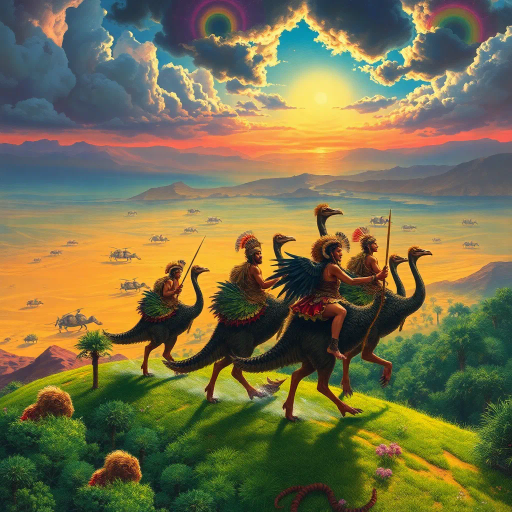 prehistoric warriors, animal skins, riding dinosaur-like cassowaries, verdant oasis, expansive desert horizon, dramatic lighting, vibrant colors, surreal landscape, Jean Giraud, Maurice Sendak, Maxfield Parrish, mystical aura, cinematic scale, intricate textures, dynamic movement, ancient mythology, whimsical creatures, epic scale, imaginative world-building, ethereal atmosphere, adventurous mood, prehistoric visual storytelling, lavish detailing, primal energy, adventurous spirit, untamed wilderness, cultural symbolism, expressive brushstrokes, panoramic view