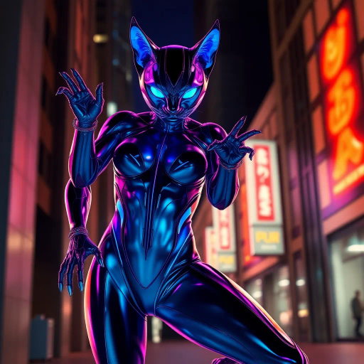 sleek feline character, futuristic catsuit, cyberpunk aesthetic, dynamic pose, neon glow, Jean Giraud influence, high-tech textures, vibrant blues, and purples, chrome reflections, dramatic lighting, urban backdrop, detailed ornamentation, swift agility, mechanical elegance, avant-garde fashion, expressive movement, stylized realism, speculative fiction, elegant architecture, visual storytelling