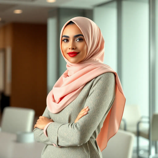Arab woman, elegant hijab, professional setting, modern workplace, Middle Eastern culture, contemporary art, intricate patterns, vibrant colors, soft lighting, dynamic pose, cultural expression, delicate fabrics, office environment, confident demeanor, sophisticated fashion, grace and poise, diverse representation, cultural fusion, empowerment, modernism, Impressionism influences, human form, balance and harmony, Claude Monet, Henri Matisse, vibrant textiles, subtle gradients, atmospheric depth, modern elegance, harmonious design, fluid movement, cultural narrative, elegant geometry, refined professionalism