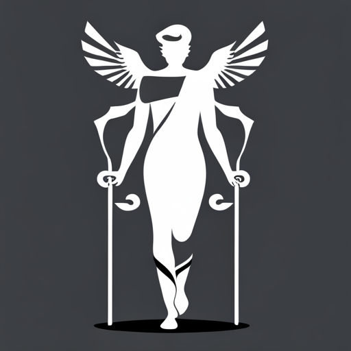 abstract, minimalism, vector art, Hermes, Greek mythology, geometry, clean lines, simplicity, black and white, graphic design, sleek, futuristic, modern, digital, iconic, mythical, messenger god, winged sandals, caduceus