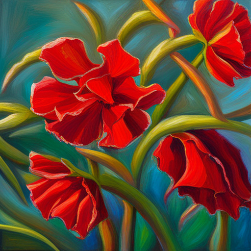 impressionism, oil painting, red petals, emotional symbolism, delicate thorns, fragility, life cycle, warm lighting, chiaroscuro, art nouveau