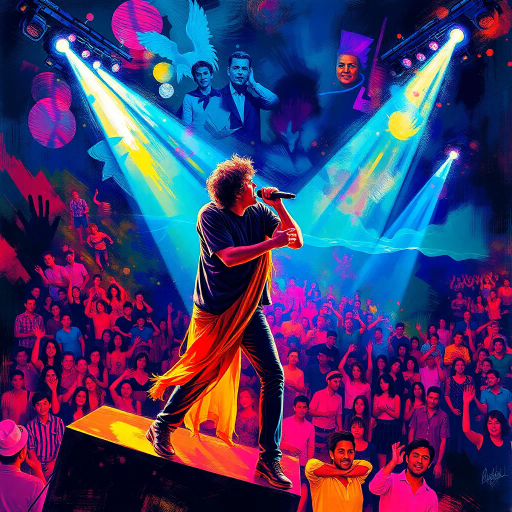 dynamic performance, charismatic singer, stage lights, vibrant colors, electric atmosphere, concert crowd, surreal landscape, expressionism, high-energy, David LaChapelle, Baroque influences, flowing movement, dramatic shadows, vivid soundwaves, emotional intensity, visual symphony, orchestration of chaos, immersive experience, cultural fusion, energetic rhythm, panoramic view, abstract composition, artistic narration, visual harmony, mood evocation