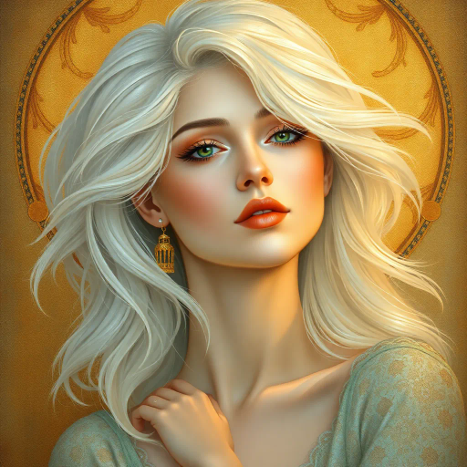 portrait, elegant woman, medium white hair, Art Nouveau influence, ethereal, soft pastels, golden light, Gustav Klimt, intricate details, flowing lines, serene expression, symbolic elements, dreamlike atmosphere, delicate textures, harmonious composition, whimsical, Claude Monet inspiration, artistic elegance, vibrant hues, gentle movement, subtle contrasts