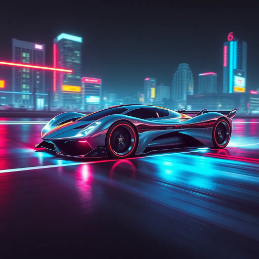 sleek futuristic automobile, Syd Mead inspiration, cybernetic aesthetic, dynamic movement, vibrant neon lights, high contrast shadows, aerodynamic curves, metallic and glossy textures, immersive depth, innovative design, urban landscape backdrop, night setting, bold color palette, speed and energy, seamless integration, avant-garde, technological elegance, dramatic and expansive composition, sleek sports car, synthwave aesthetic, dynamic angles, cyberpunk influence, speed and motion, atmospheric glow, reflections, streamlined form, retro-futuristic elements, contrast and depth, racing spirit, visual impact