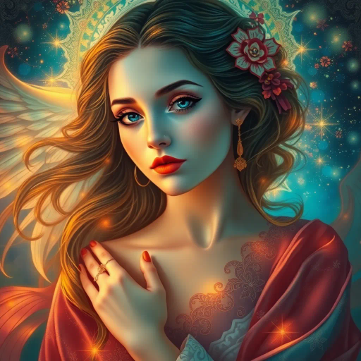 ethereal beauty, enchantment, surrealism, ethereal light, portrait of a woman, Art Nouveau, vibrant colors, flowing robes, illuminated elegance, Alphonse Mucha influence, celestial background, mystical allure, delicate features, ornate detailing, dreamlike atmosphere, divine femininity, romanticism, harmonious balance, intricate patterns, soft gradients, luminescent hues, captivating gaze, elegant posture, fantasy realism, timeless essence