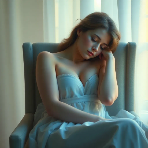 tranquil scene, woman, sleeping, seated on chair, delicate posture, soft ambient light, serene expression, gentle repose, impressionist touch, pastel colors, dreamlike atmosphere, elegant curves, calming mood, ethereal glow, romanticism, calm tranquility, subtle shadows, relaxed muscles, atmospheric depth, peaceful dreamscape, soothing composition, reposed stillness, intimate setting, classical influence, fine details, harmonious balance, reflective bliss, soothing aura, Claude Monet, Romantic era, soft textures, poetic light, tender elegance, luminescent hues, graceful form, Michelangelo nuances, emotive space