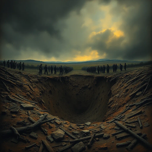 WW1 shell hole, haunting landscape, ruinous earth, trench war remnants, muddy textures, smoke-infused skies, somber atmosphere, historical echoes, dramatic chiaroscuro, war-torn memories, intricate details, Ernst Ludwig Kirchner influence, expressionist undertones, desolate expanse, juxtaposition of life and decay, symbolism of conflict, muted earth tones, organic compositions, narrative storytelling, ethereal light, ominous horizon, atmospheric perspective, reflective surfaces, cultural memory, evocative emotional depth, surreal realism, haunting melancholy, atmospheric tension, historical narrative, tragic beauty, ethereal glow, shadow play, dynamic contrast, emotional resonance, haunting testament